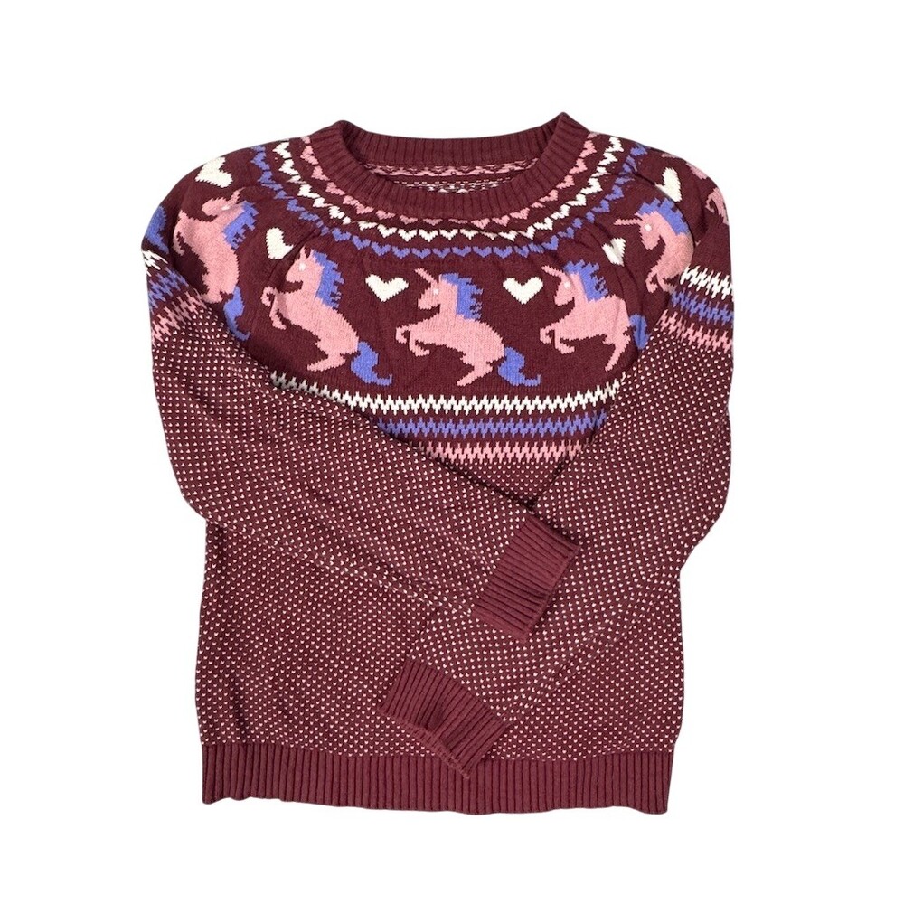 ModCloth Cotton Sweater Womens Size M Multicolor Unicorn Hearts Fair Isle